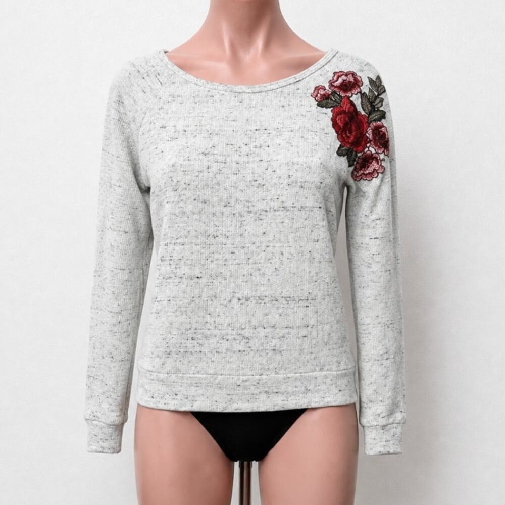 Peyton Jensen White-Gray Heathered Embroidered Rose Shoulder Sweater XS